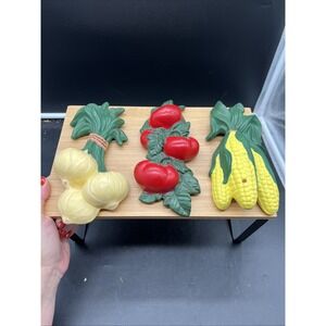 3 Vtg Hand Painted Ceramic Fruit Veggies Wall Hanging Corn Onions Tomatoes